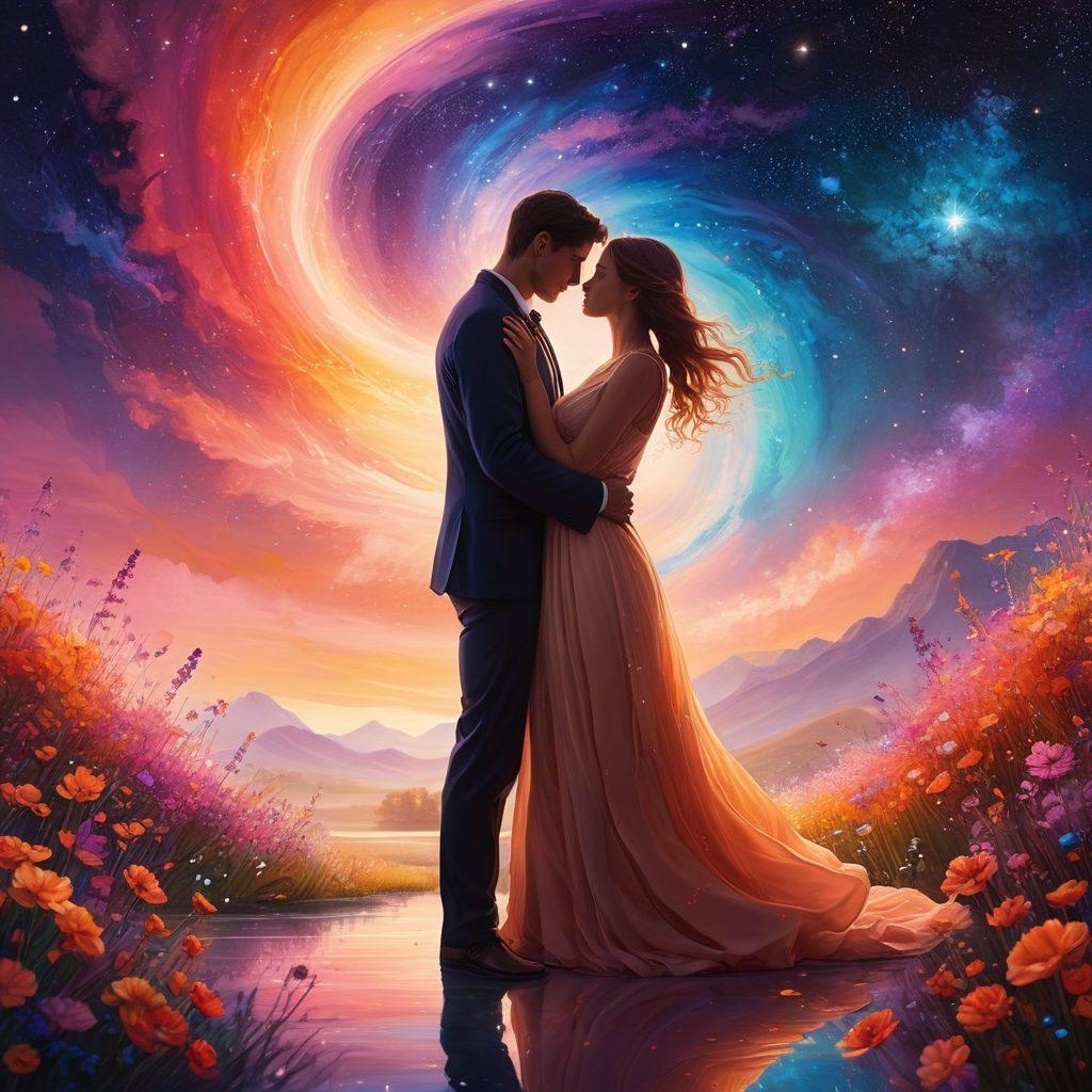 A pair of abstract silhouettes, gently entwined, surrounded by a swirling galaxy of vibrant colors representing emotions in intimate connections. Soft glimmers of light symbolize the journey of courtship, with delicate flowers and stars interspersed throughout, creating a whimsical and romantic atmosphere. The background is a dreamy blend of colors, evoking warmth and intimacy. super-realistic. vibrant colors. ethereal background.