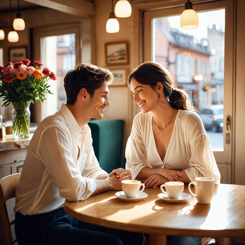 A tender scene of a couple transitioning from a casual hookup to a deep romantic partnership, surrounded by soft, warm light. Capture them sharing an intimate moment, perhaps a laugh or a gaze, while holding hands in a cozy café adorned with flowers. Include a visible connection symbol, like intertwined rings or a heart in the background. Emphasize warmth and affection in the color palette. super-realistic. vibrant colors. soft focus.