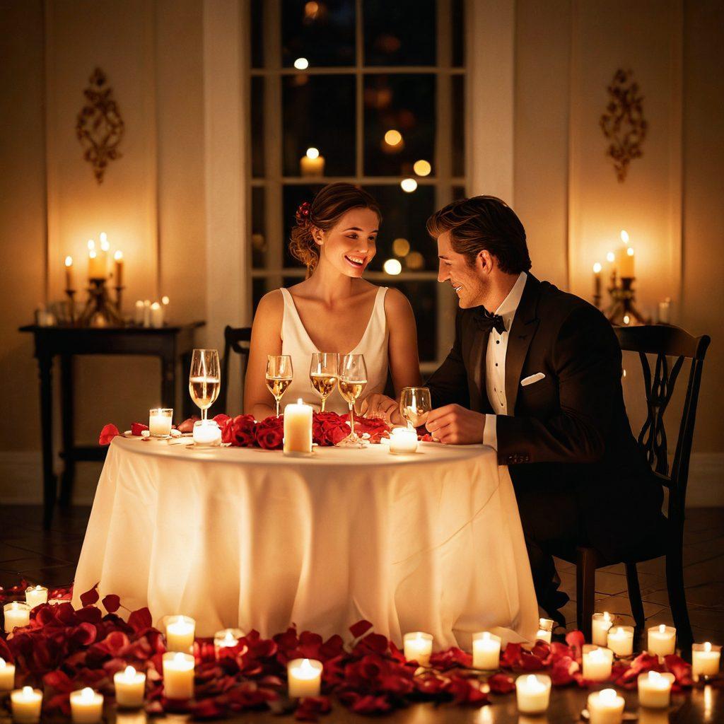 A romantic scene depicting a candlelit dinner with a couple engaging in flirtatious conversation. Soft focus on their smiling faces while surrounding them are delicate rose petals and warm, inviting lights. Subtle hints of sensuality and intimacy are woven throughout, emphasizing connection and allure. Background should evoke warmth and passion. vibrant colors. soft focus.